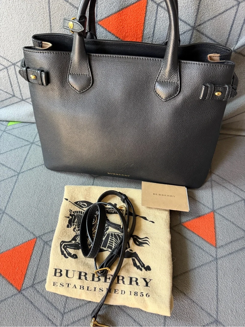 Burberry Black Leather Top-Handle Tote with long strap